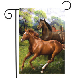 Briarwood Lane small printed garden flag with colorful horses, mare, and stallion in springtime setting.