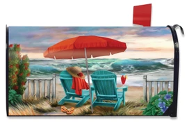 Briarwood Lane Beach Life Summer Mailbox Cover with colorful beach scene and vibrant turquoise chairs.
