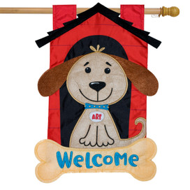 Briarwood Lane welcome doghouse flag with cheerful dog and bone, colorful spring and summer decor.