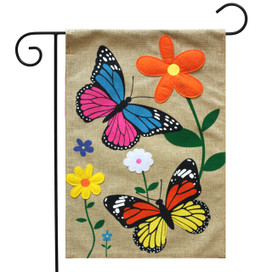 Briarwood Lane Butterfly Dance burlap garden flag with colorful butterflies and flowers design.