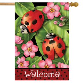 Briarwood Lane Ladybugs on Leaves Spring House Flag with colorful ladybugs and pink flowers.