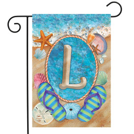 Briarwood Lane Summer Monogram Letter L Garden Flag with coastal starfish and sand design elements.