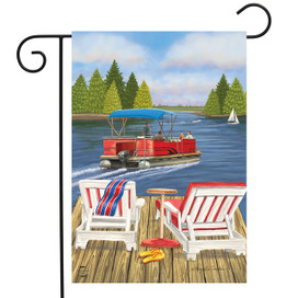 Briarwood Lane Dockside Garden Flag with colorful lake scene and red pontoon boat on wooden dock.