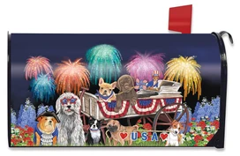 Briarwood Lane Patriotic Pups Fourth of July decorated magnetic mailbox cover with dogs and fireworks.