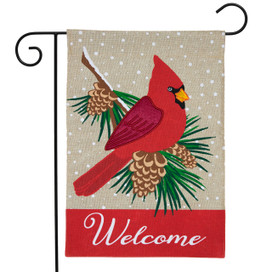 Briarwood Lane small printed garden flag with colorful cardinal and "Welcome" on winter burlap background.