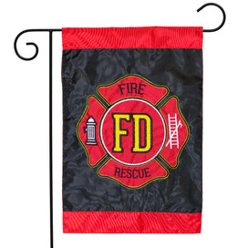 Briarwood Lane Fire Department Applique & Embroidered Garden Flag with red, yellow, and black firefighter emblem.