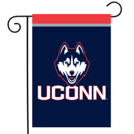 Briarwood Lane UConn NCAA licensed garden flag with husky logo and red trim on a pole.