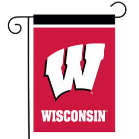 Wisconsin Badgers NCAA Licensed Garden Flag by Briarwood Lane, red with white logo and lettering.