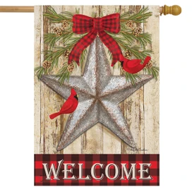 Briarwood Lane Festive Barnstar Winter House Flag with colorful, cheery design and welcome message.