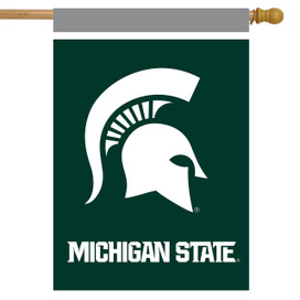 Briarwood Lane official NCAA Michigan State Spartans house flag, green with white Spartan helmet logo.