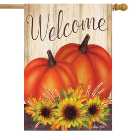 Briarwood Lane autumn house flag with pumpkins, sunflowers and Welcome text, colorful seasonal porch decor.
