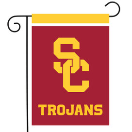 Briarwood Lane USC Trojans NCAA Licensed garden flag, red with yellow logo and text, small decorative banner.