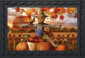 Briarwood Lane Autumn Scarecrow Harvest Doormat with scarecrow dog pumpkins and apples on rustic porch.