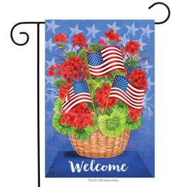 Briarwood Lane Patriotic Basket Summer Garden Flag with American stars, stripes, and red flowers.