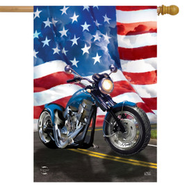 Briarwood Lane American Motorcycle Patriotic House Flag with blue chopper and USA stars and stripes.