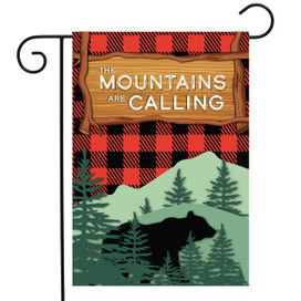 Briarwood Lane small printed garden flag with bear, trees, mountains, and red plaid design.