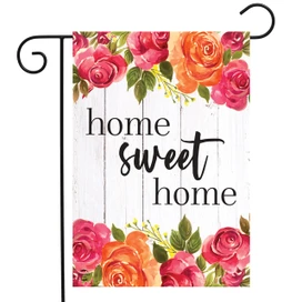 Briarwood Lane small, colorful, printed garden flag with roses and "Home Sweet Home" for spring porch display.