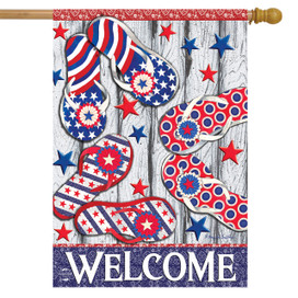 Briarwood Lane patriotic flip flops house flag with red, white, and blue stars and stripes.