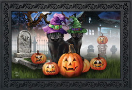 Briarwood Lane Spooky Kittens Halloween Doormat with cats, jack-o-lanterns, and bats on colorful printed background.
