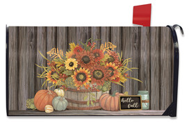 Briarwood Lane Hello Fall Floral Primitive standard mailbox cover with basket, flowers, and pumpkins.