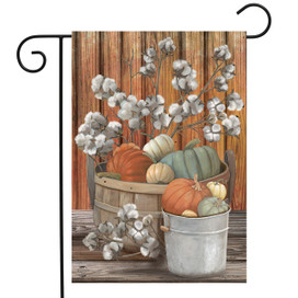 Briarwood Lane small printed garden flag with colorful pumpkins and cotton for autumn porch display.