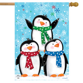 Briarwood Lane winter penguins house flag, colorful decorative display for porch, yard, or patio.