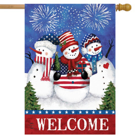Briarwood Lane American Snowmen Winter House Flag with patriotic snowmen and USA colors red, white, blue.