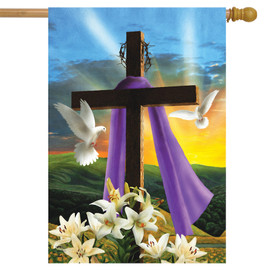 Briarwood Lane Easter flag with cross, lilies, and doves symbolizing Christ's resurrection in colorful design.