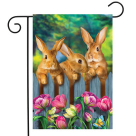 Briarwood Lane Garden Bunnies Spring Garden Flag with colorful bunnies, flowers, perfect for springtime porch decor.