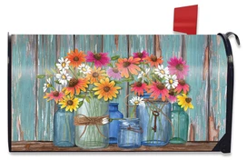 Briarwood Lane Farm Fresh Flowers Spring Mailbox Cover with colorful, cheery, printed flowers on a rustic background.