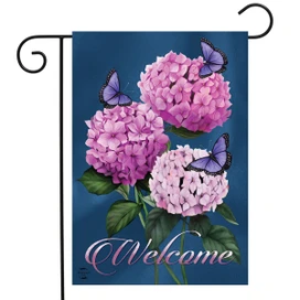 Briarwood Lane Welcome garden flag with colorful pink hydrangeas and butterflies, perfect for springtime porch decor.