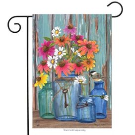 Briarwood Lane Farm Fresh Flowers Spring Garden Flag with colorful, cheery flowers on a rustic background.