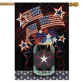 Briarwood Lane American Mason Jar Patriotic House Flag with stars, stripes, and red, white, blue colors.