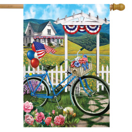 Briarwood Lane Patriotic Bicycle Summer House Flag with American stars and stripes design on blue background.