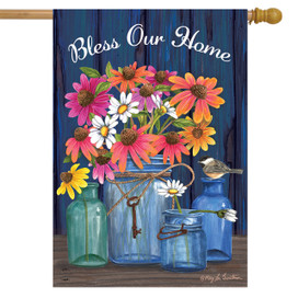 Briarwood Lane Bless Our Home Mason Jars flag with colorful flowers and cheery springtime design.