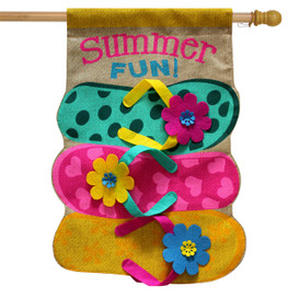 Briarwood Lane small printed burlap house flag with colorful flip flops for summer vacation porch display.