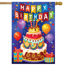 Briarwood Lane colorful birthday house flag with cake, balloons, and congratulations festive decorative seasonal display.