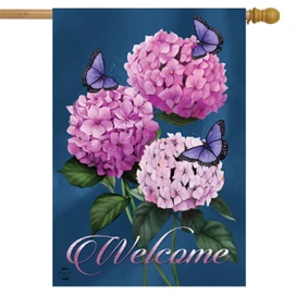 Briarwood Lane spring house flag with colorful hydrangeas, butterflies, and welcome text for porch display.