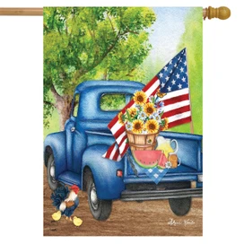 Briarwood Lane Old Days Summer House Flag with patriotic American truck and star spangled banner.