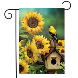 Briarwood Lane small printed garden flag with colorful sunflowers and goldfinch for spring summer porch display.