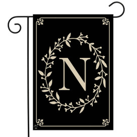 Briarwood Lane classic monogram letter N garden flag, black with elegant cream colored floral design.