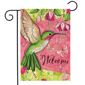 Briarwood Lane Blissful Hummingbird small printed garden flag with colorful springtime design and welcome message.