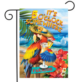 Briarwood Lane 5 O'Clock Paradise garden flag with colorful parrot, cocktail, and beach scene design.