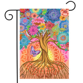 Briarwood Lane small printed garden flag with colorful tree and flowers for spring or summer porch display.