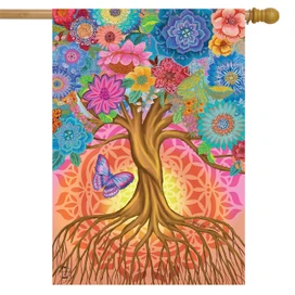 Briarwood Lane colorful tree of life house flag with vibrant flowers and butterfly design for spring.