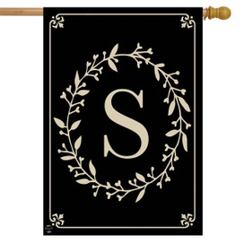 Briarwood Lane classic monogram letter S double-sided house flag in elegant black with gold print.