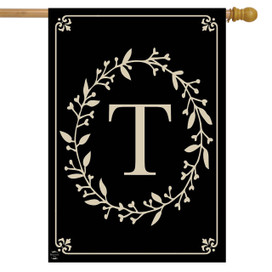 Briarwood Lane Classic Monogram Letter T black double-sided house flag with elegant gold floral design.