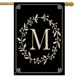 Briarwood Lane black double-sided house flag with elegant gold monogram letter M and decorative leaf design.