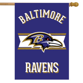 Briarwood Lane Baltimore Ravens double-sided house flag with purple background and gold accents and raven logo.