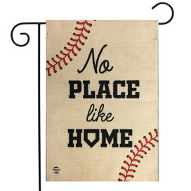 Briarwood Lane small printed garden flag with baseballs and No Place Like Home text on burlap.